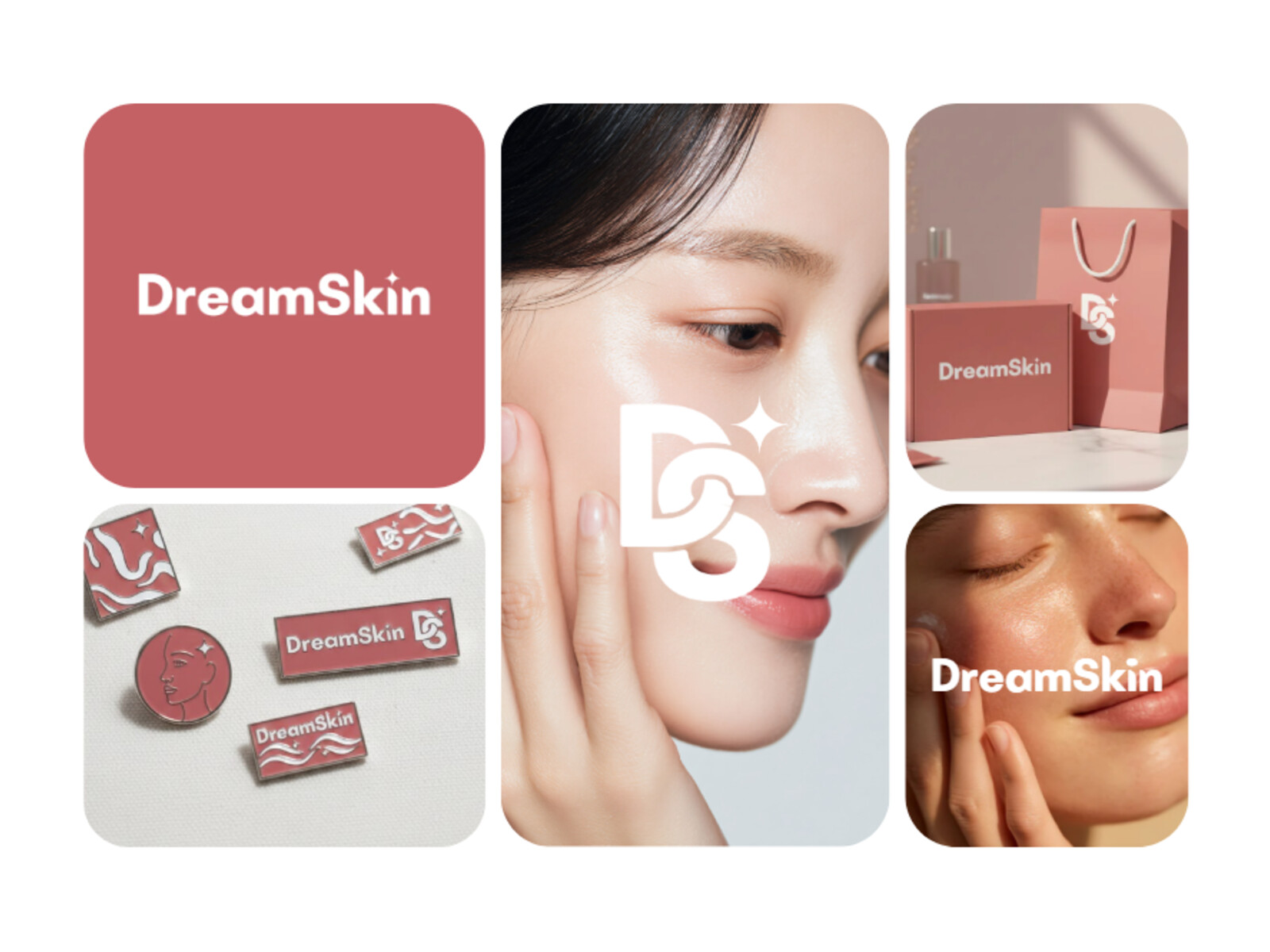 DreamSkin brand identity collage in dusty rose