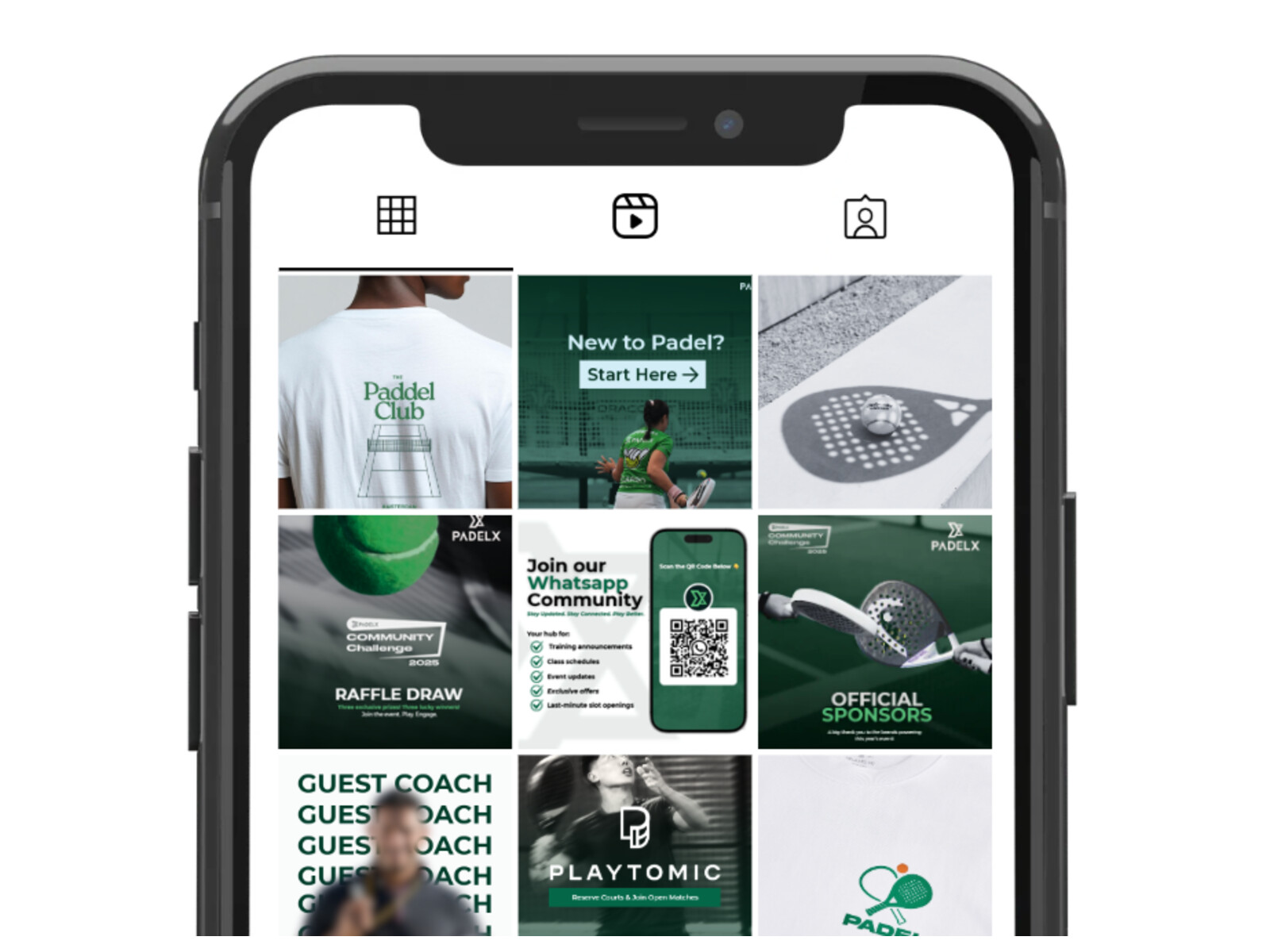 PadelX green checkered Instagram feed system