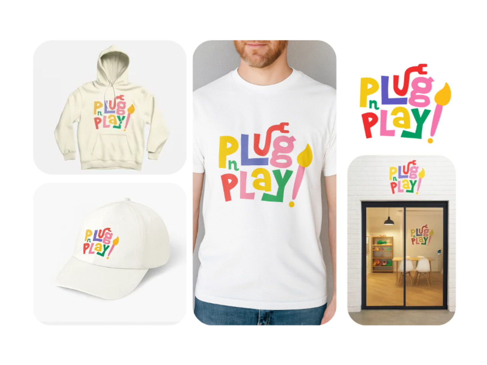 Plug n Play logo on hoodie, tee, cap and storefront signage